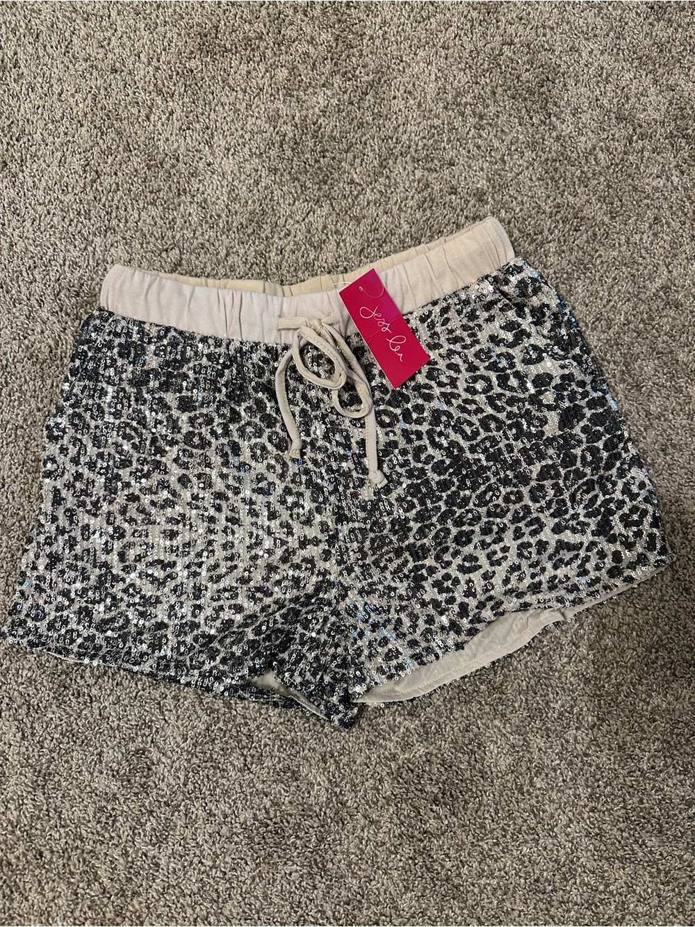 Sparkle Leopard Print Drawstring Shorts - Beige/Black